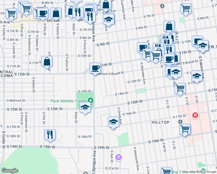 map of restaurants, bars, coffee shops, grocery stores, and more near 1242 South Ridgewood Avenue in Tacoma