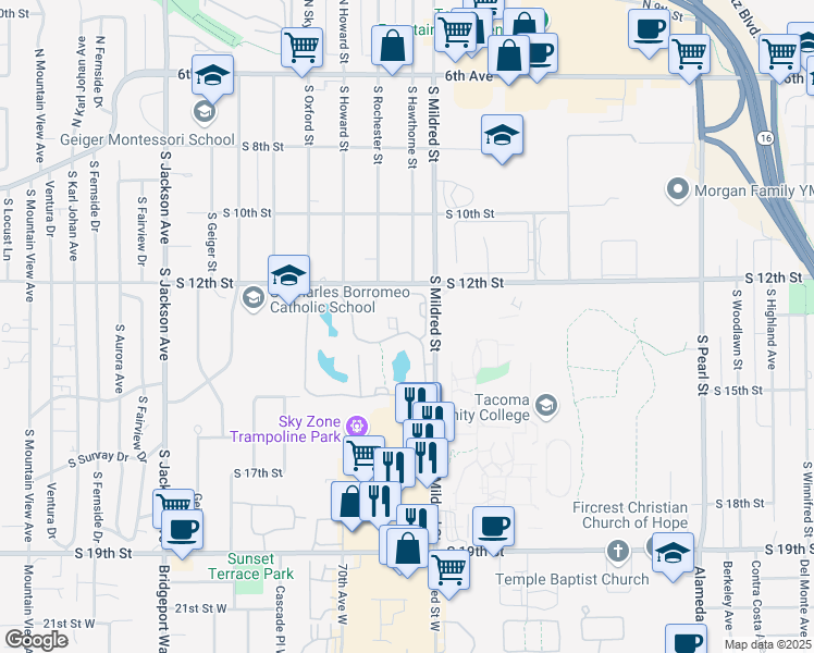 map of restaurants, bars, coffee shops, grocery stores, and more near 1414 South Mildred Street in Tacoma