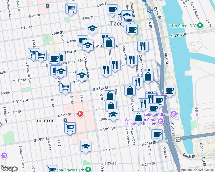 map of restaurants, bars, coffee shops, grocery stores, and more near 1424 Tacoma Avenue South in Tacoma