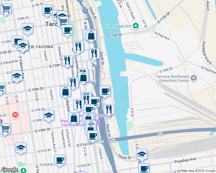 map of restaurants, bars, coffee shops, grocery stores, and more near 1515 Dock Street in Tacoma
