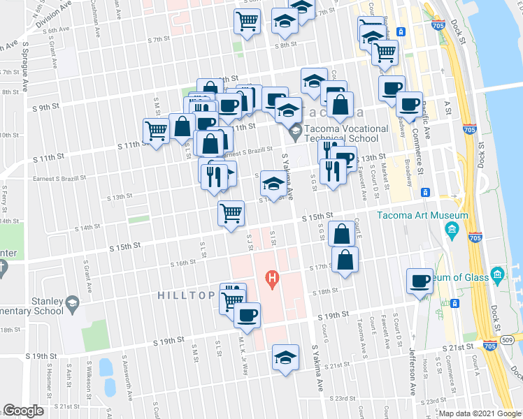 map of restaurants, bars, coffee shops, grocery stores, and more near 1418 South I Street in Tacoma