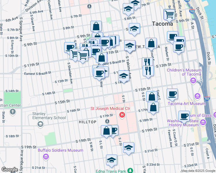 map of restaurants, bars, coffee shops, grocery stores, and more near 1411 South J Street in Tacoma