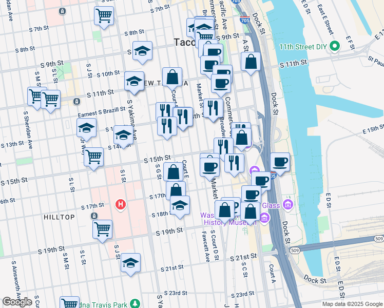 map of restaurants, bars, coffee shops, grocery stores, and more near Fawcett Ave & S 15th St in Tacoma