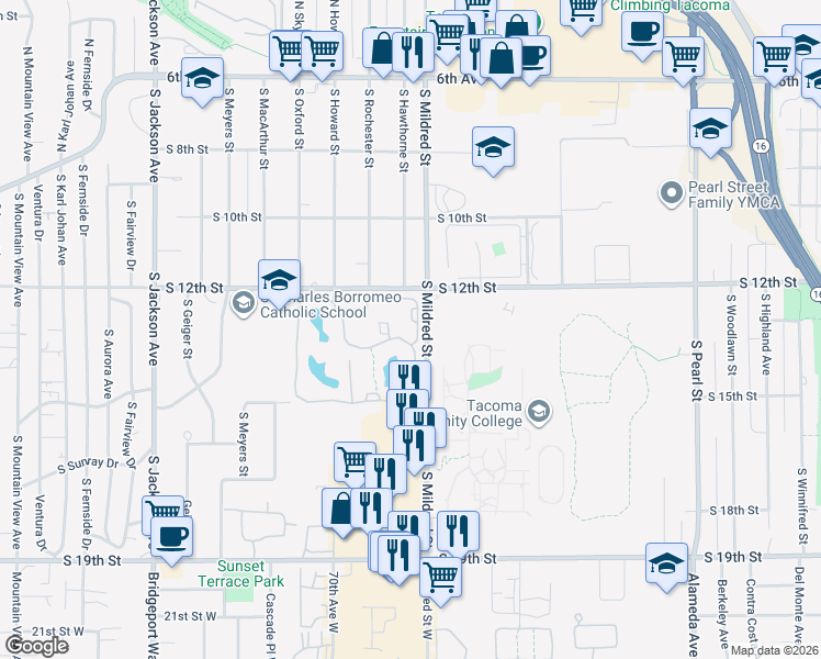 map of restaurants, bars, coffee shops, grocery stores, and more near 1414 South Mildred Street in Tacoma