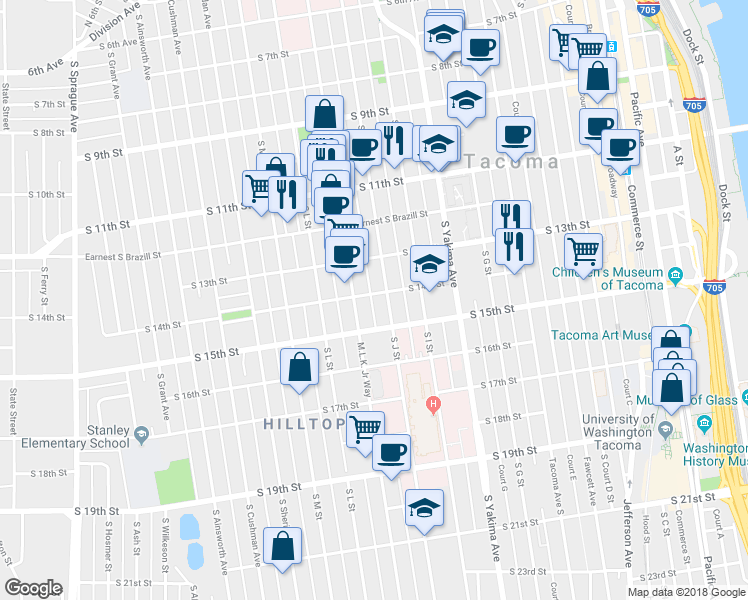 map of restaurants, bars, coffee shops, grocery stores, and more near 1010 South 14th Street in Tacoma