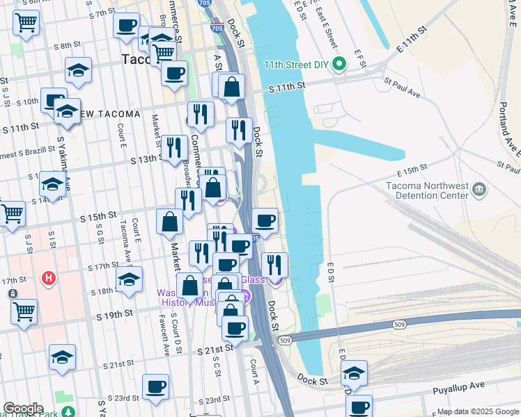 map of restaurants, bars, coffee shops, grocery stores, and more near 1515 Dock Street in Tacoma