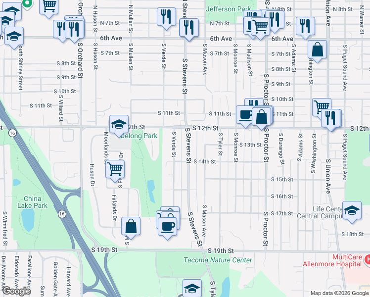 map of restaurants, bars, coffee shops, grocery stores, and more near 1248 South Stevens Street in Tacoma