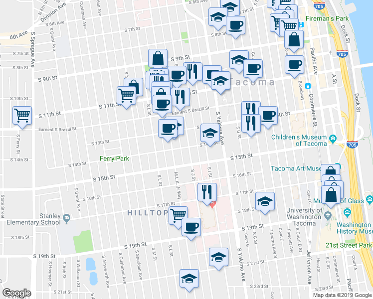 map of restaurants, bars, coffee shops, grocery stores, and more near 1411 South J Street in Tacoma