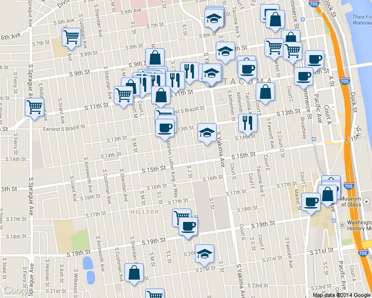 map of restaurants, bars, coffee shops, grocery stores, and more near 1411 South J Street in Tacoma