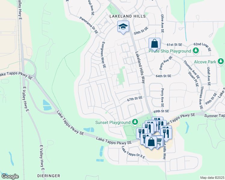 map of restaurants, bars, coffee shops, grocery stores, and more near 1301 67th Street Southeast in Auburn