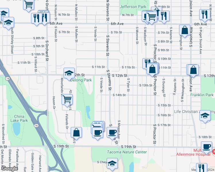 map of restaurants, bars, coffee shops, grocery stores, and more near 1248 South Stevens Street in Tacoma
