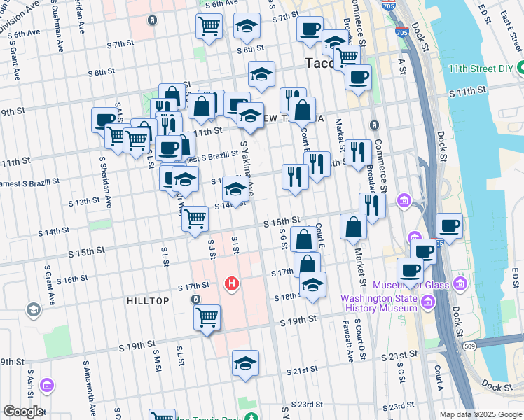 map of restaurants, bars, coffee shops, grocery stores, and more near 1411 South Yakima Avenue in Tacoma