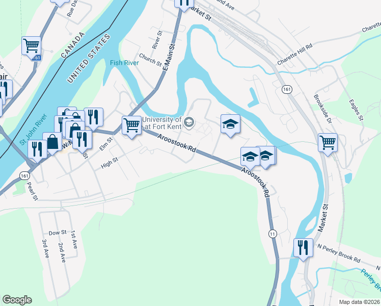 map of restaurants, bars, coffee shops, grocery stores, and more near 10 School Street in Fort Kent