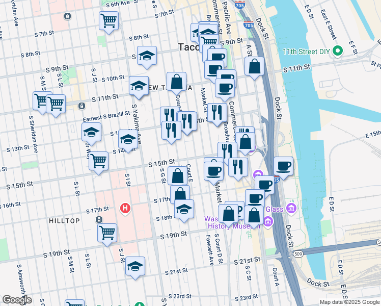 map of restaurants, bars, coffee shops, grocery stores, and more near 1502 Fawcett Avenue in Tacoma