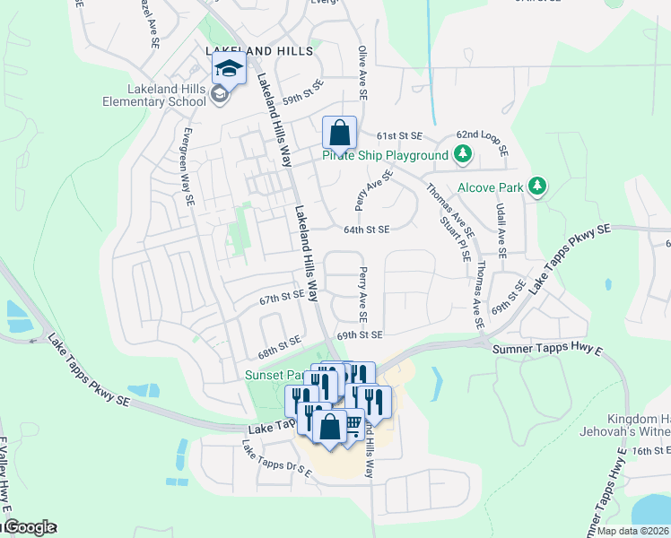 map of restaurants, bars, coffee shops, grocery stores, and more near 1519 67th Street Southeast in Auburn