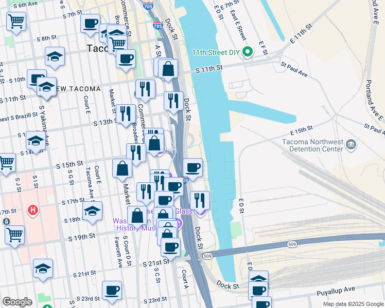 map of restaurants, bars, coffee shops, grocery stores, and more near 1515 Dock Street in Tacoma