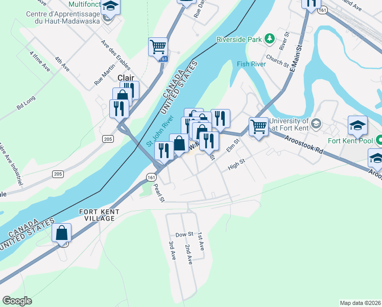 map of restaurants, bars, coffee shops, grocery stores, and more near 6 Audibert Street in Fort Kent