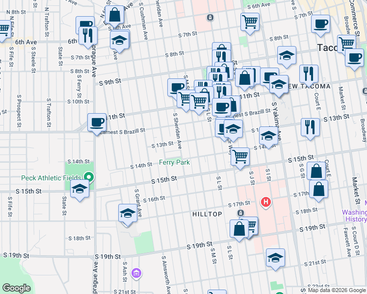 map of restaurants, bars, coffee shops, grocery stores, and more near 1400 South Sheridan Avenue in Tacoma