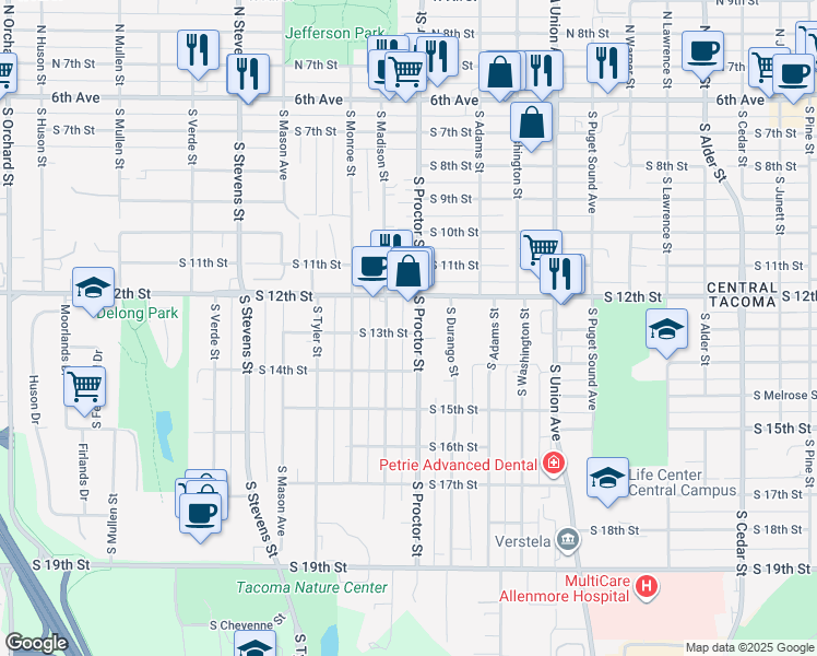 map of restaurants, bars, coffee shops, grocery stores, and more near 1315 South Madison Street in Tacoma