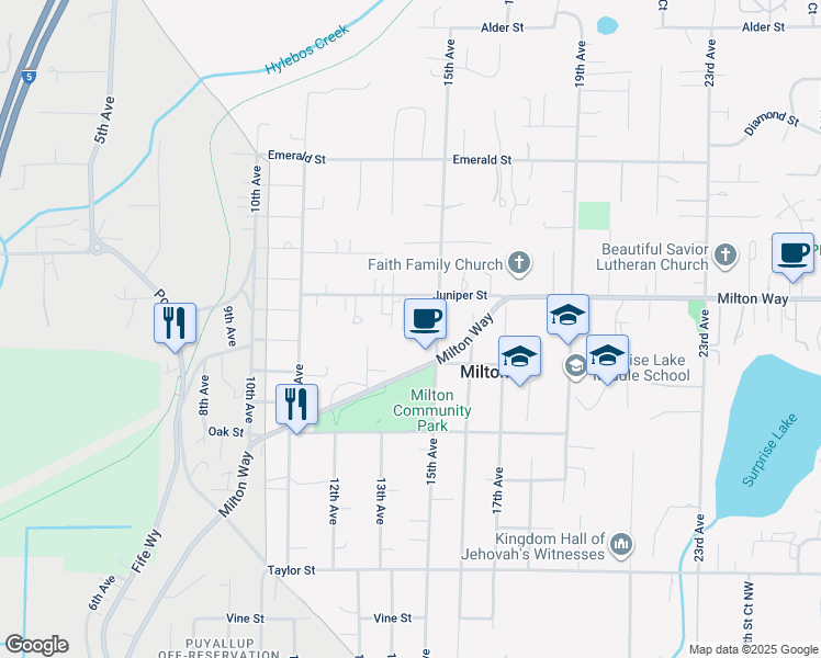 map of restaurants, bars, coffee shops, grocery stores, and more near 1401 Juniper Street in Milton