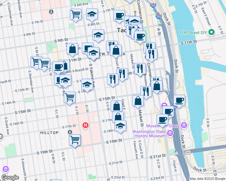 map of restaurants, bars, coffee shops, grocery stores, and more near 1305 Tacoma Avenue South in Tacoma