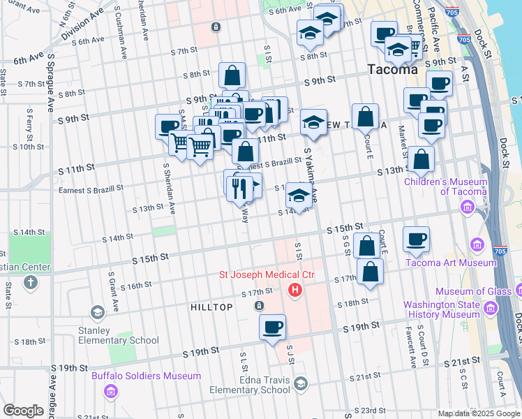 map of restaurants, bars, coffee shops, grocery stores, and more near in Tacoma