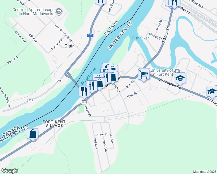 map of restaurants, bars, coffee shops, grocery stores, and more near 246 West Main Street in Fort Kent