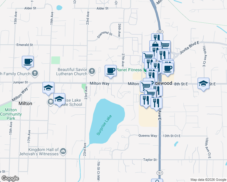 map of restaurants, bars, coffee shops, grocery stores, and more near 1104 25th Avenue Court in Milton