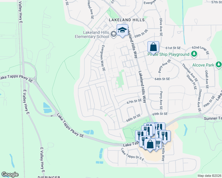 map of restaurants, bars, coffee shops, grocery stores, and more near 6443 Hazel Avenue Southeast in Auburn