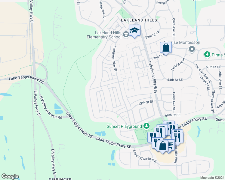 map of restaurants, bars, coffee shops, grocery stores, and more near 6534 Francis Avenue Southeast in Auburn