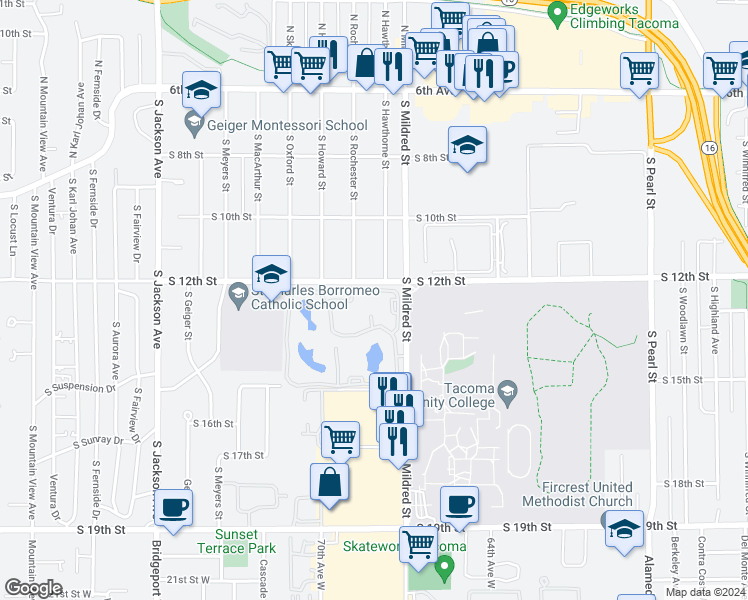 map of restaurants, bars, coffee shops, grocery stores, and more near 1404 South Mildred Street in Tacoma