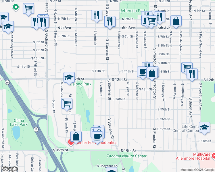 map of restaurants, bars, coffee shops, grocery stores, and more near in Tacoma