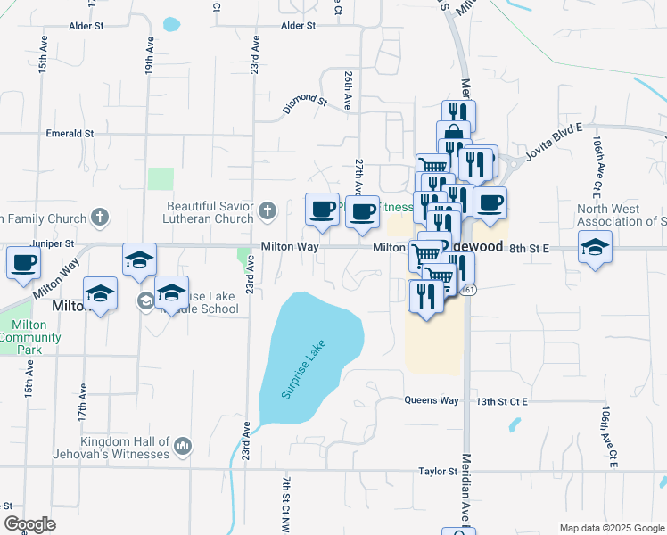 map of restaurants, bars, coffee shops, grocery stores, and more near 805 26th Avenue Court in Milton
