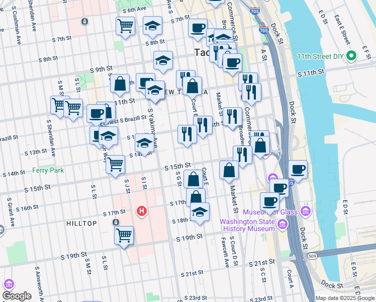 map of restaurants, bars, coffee shops, grocery stores, and more near 1402 Tacoma Avenue South in Tacoma