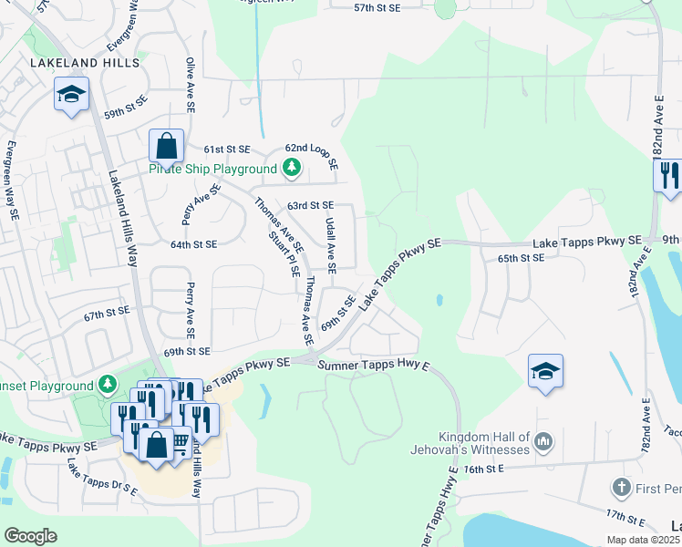 map of restaurants, bars, coffee shops, grocery stores, and more near 6414 Udall Avenue Southeast in Auburn