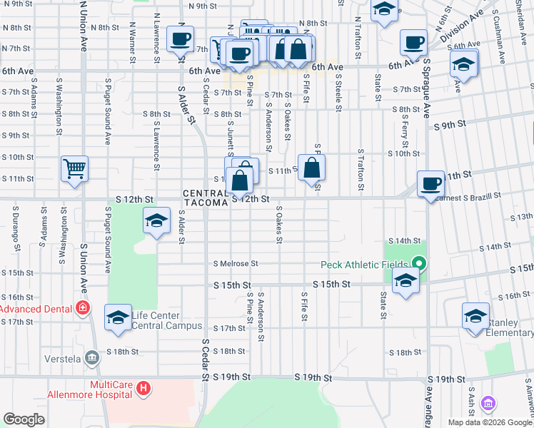 map of restaurants, bars, coffee shops, grocery stores, and more near 2702 South 12th Street in Tacoma