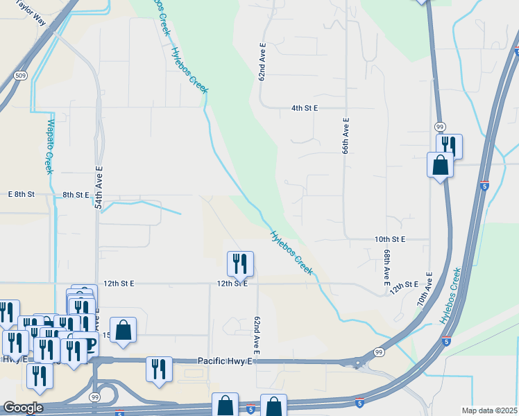 map of restaurants, bars, coffee shops, grocery stores, and more near 206 62nd Avenue East in Tacoma