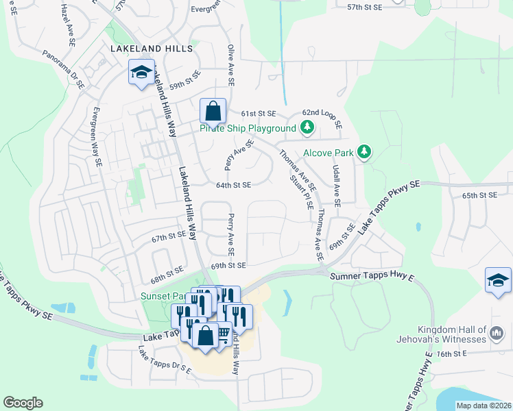 map of restaurants, bars, coffee shops, grocery stores, and more near 1712 65th Street Southeast in Auburn