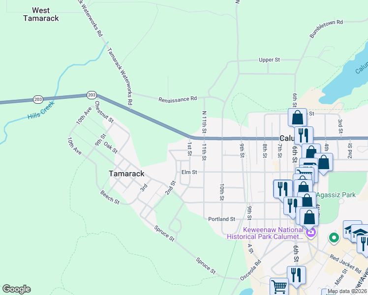 map of restaurants, bars, coffee shops, grocery stores, and more near Pine Street in Calumet Township