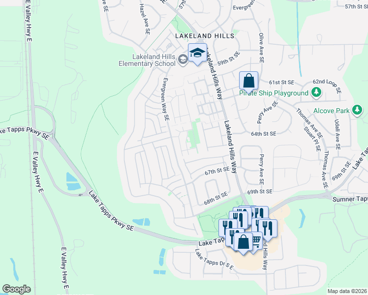 map of restaurants, bars, coffee shops, grocery stores, and more near 6443 Hazel Avenue Southeast in Auburn