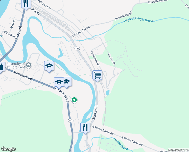 map of restaurants, bars, coffee shops, grocery stores, and more near 101 Market Street in Fort Kent