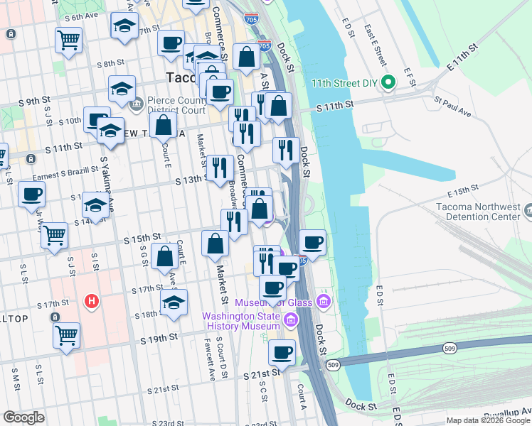 map of restaurants, bars, coffee shops, grocery stores, and more near 1416 Court A in Tacoma