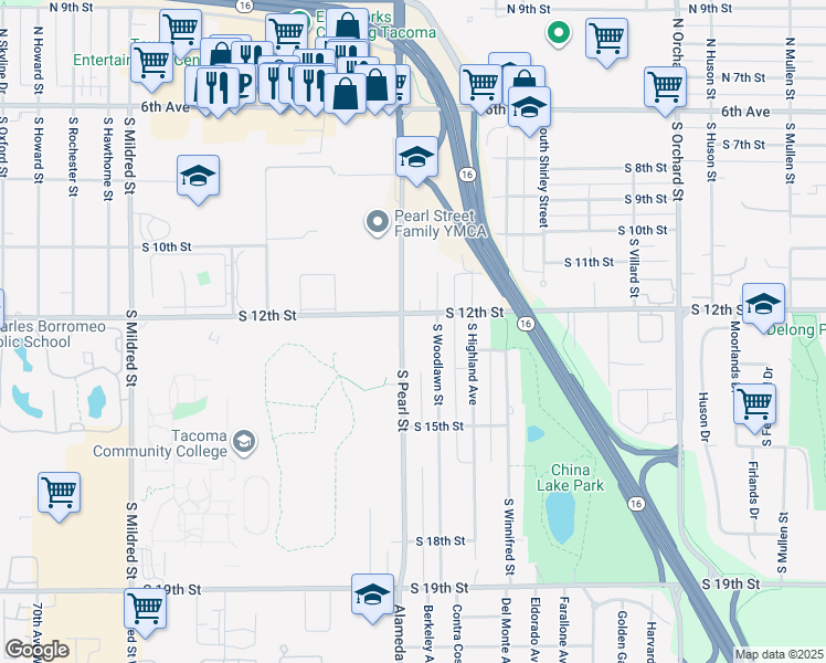 map of restaurants, bars, coffee shops, grocery stores, and more near 1211 S Pearl St in Tacoma