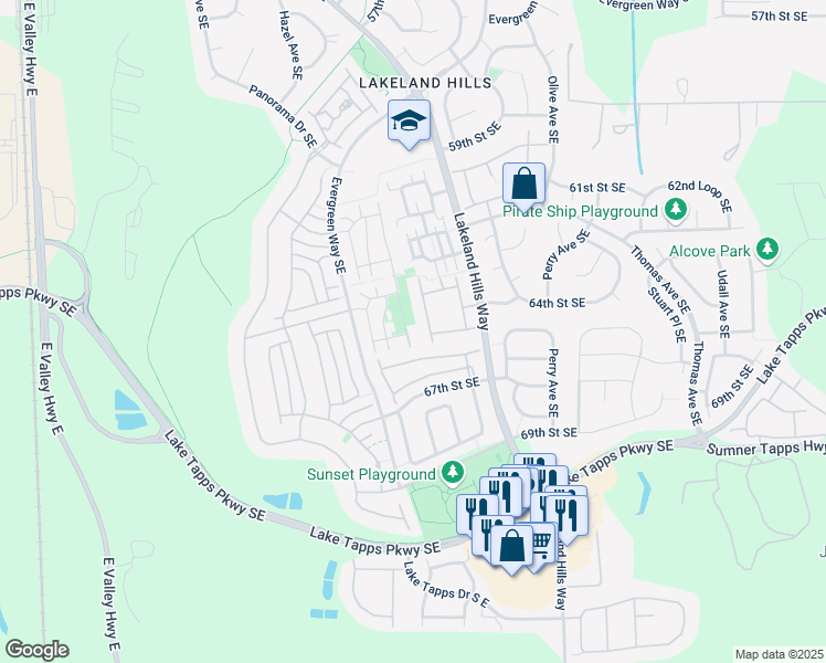 map of restaurants, bars, coffee shops, grocery stores, and more near 6589 James Avenue in Auburn