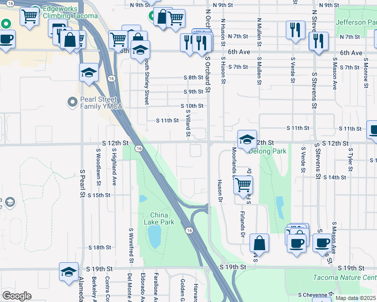 map of restaurants, bars, coffee shops, grocery stores, and more near 5202 South 12th Street in Tacoma