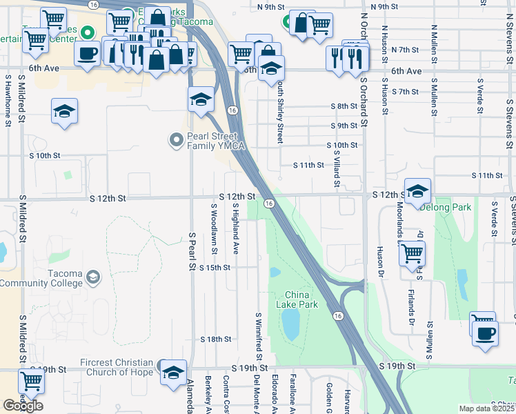 map of restaurants, bars, coffee shops, grocery stores, and more near China Lake Trail in Tacoma