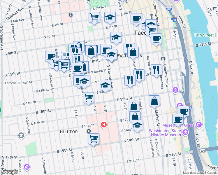 map of restaurants, bars, coffee shops, grocery stores, and more near 1314 South Yakima Avenue in Tacoma