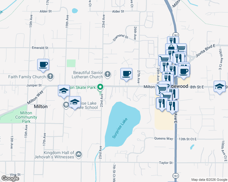 map of restaurants, bars, coffee shops, grocery stores, and more near 2313 Milton Way in Milton