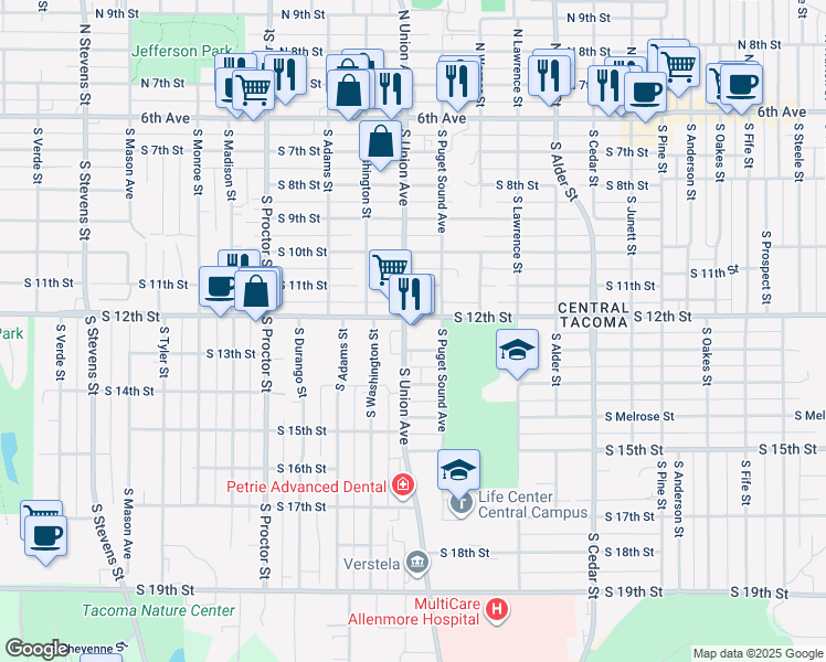 map of restaurants, bars, coffee shops, grocery stores, and more near 1201 South 13th Street in Tacoma
