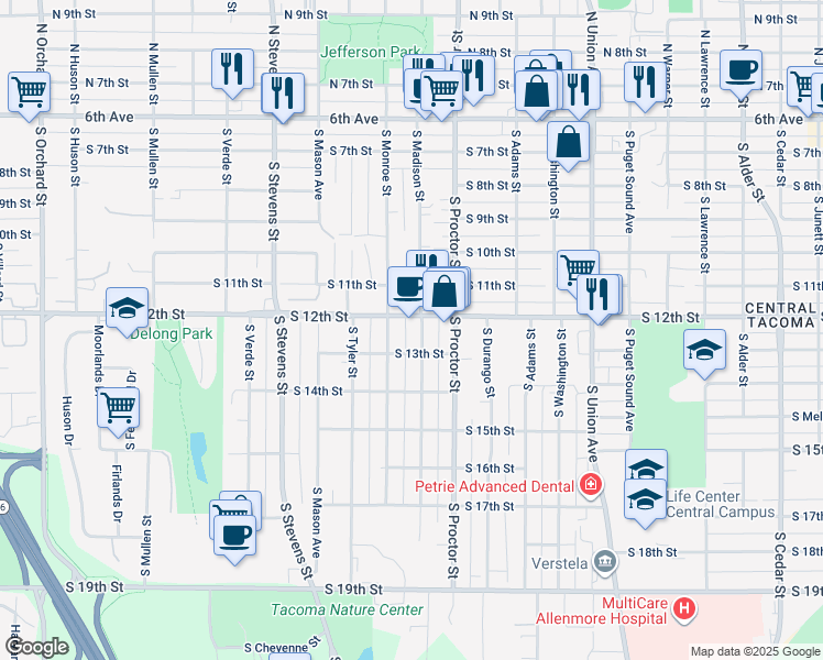 map of restaurants, bars, coffee shops, grocery stores, and more near 1201 South Madison Street in Tacoma